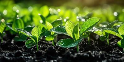 Soybean seedlings thriving in a sunlit field after recent rainfall photo