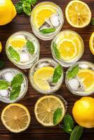 Refreshing green mint lemonade served with ice on a wooden table photo