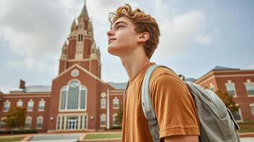 High school boy gazing up at the clouds near his school campus photo