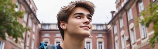 High school boy looking up at the cloudy sky outside school building photo