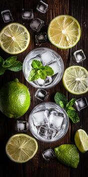 Refreshing mint lemonade with ice served in glasses on a wooden table photo