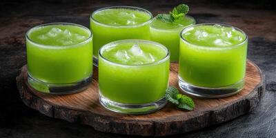 Refreshing green mint lemonade with ice in glasses on a wooden board photo