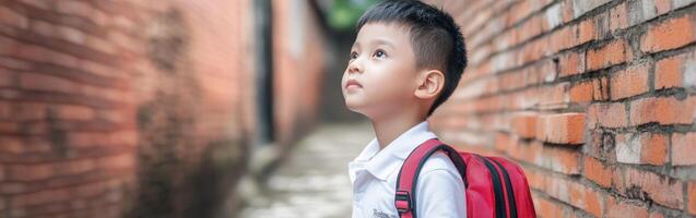 High school boy gazing up at the cloudy sky in a narrow alley photo