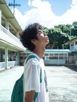 High school boy looking up at cloudy sky during afternoon break photo