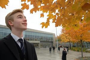 High school boy looking up at the autumn sky near school building photo