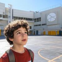 High school boy gazing at the sky in a schoolyard on a sunny day photo