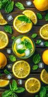 Refreshing green mint lemonade with ice and fresh lemons garnishing photo