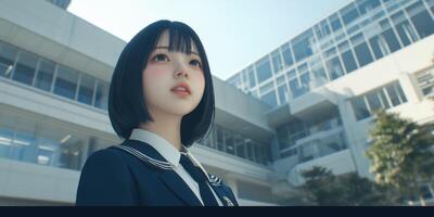 High school girl gazing at the sky on a sunny day photo