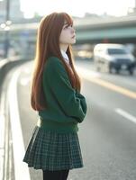 High school girl gazing up at the sky beside a busy street in autumn photo