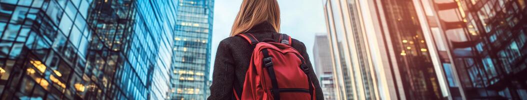 High school girl gazing towards the cloudy sky in an urban setting photo