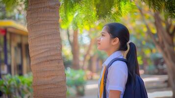 High school girl gazes at the sky in a serene schoolyard setting photo