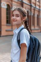 High school girl gazing at the sky on a sunny day in the city photo