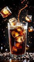 Iced coffee with cream splashing in glass against dark background photo