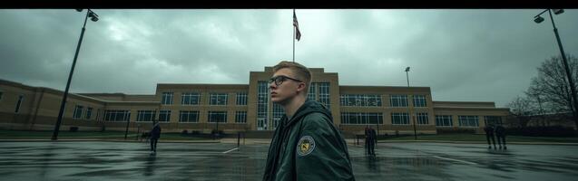 High school boy gazing up at the cloudy sky during school hours photo