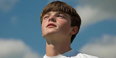 High school boy gazing at the clear blue sky on a sunny day photo