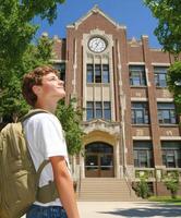 High school boy gazing at the clear sky in front of his school photo