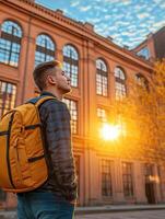 High school boy gazing at the sky during sunset by a school building photo