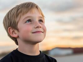 High school boy gazing up at the cloudy sky during sunset photo