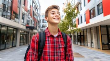 High school boy gazing at the sky in a modern urban setting photo