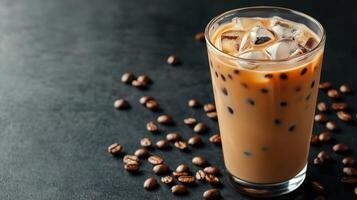 Iced coffee with cream served on a dark countertop with coffee beans photo