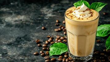 Iced coffee with cream on a dark surface with coffee beans and leaves photo