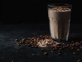 Refreshing iced coffee with cream and coffee beans on a dark surface photo