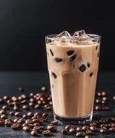 Iced coffee with cream and coffee beans on a dark background photo