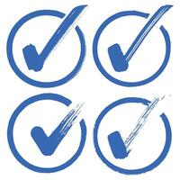 Blue brush stroke painted symbols with checkmarks inside circles for verification, approval, confirmation, or completion. vector