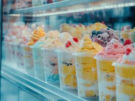 Colorful ice cream cups displayed in a shop window during summer photo