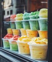 Colorful ice cream pots displayed in a shop window during the day photo