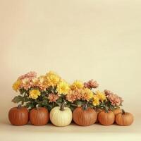 Autumn flowers and pumpkins in warm colors with plenty of copy space photo