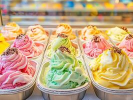 Colorful ice cream pots on display at a shop window in summer photo