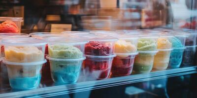 Colorful ice cream pots displayed in a shop window on a sunny day photo