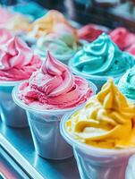 Colorful ice cream in plastic pots displayed at a shop window photo