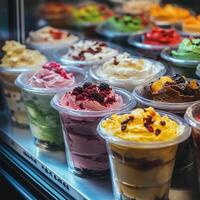 Colorful ice cream pots displayed in a shop window during the day photo