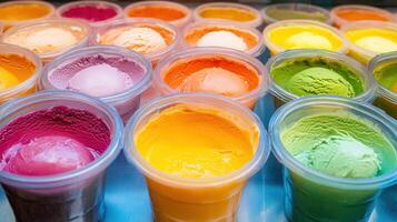 Colorful ice cream pots displayed in a shop window on a sunny day photo