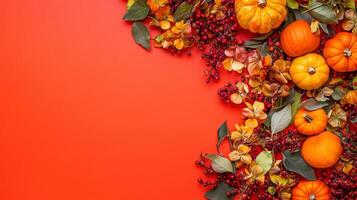 Autumn flowers and pumpkins arranged on a vibrant background photo