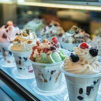 Colorful ice cream displayed in plastic pots at the shop window photo