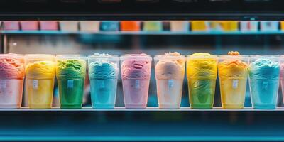 Colorful ice cream in plastic pots displayed at a shop window photo