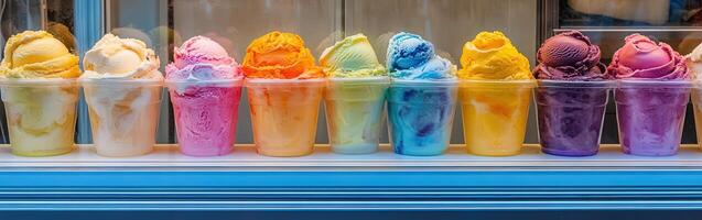 Colorful ice cream in plastic pots displayed in shop window during daytime photo