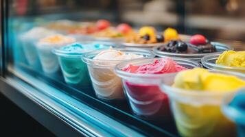 Colorful ice cream pots displayed in a shop window on a sunny day photo