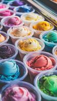 Colorful ice cream pots displayed in a shop window on a sunny day photo