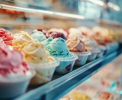Colorful ice cream varieties displayed in pots at a shop window photo