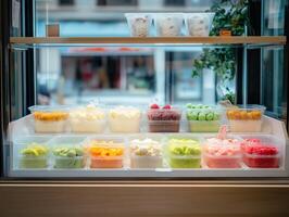 Colorful ice cream pots displayed in a shop window on a sunny day photo