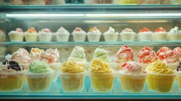 Colorful ice cream cups displayed in a shop window during summer photo