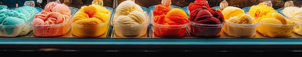 Colorful ice cream pots displayed in a shop window in summer photo