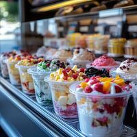 Colorful ice cream cups displayed in a shop window on a sunny day photo