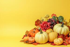 Autumn flowers and pumpkins in vibrant fall colors with space photo