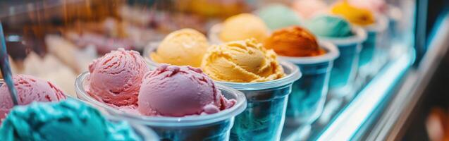Colorful ice cream pots displayed in a shop window during summer photo