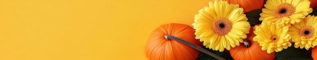 Autumn flowers and pumpkins in vibrant colors with copy space photo